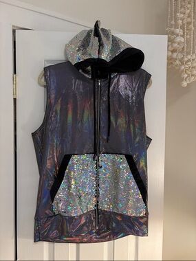 Holographic Sleeveless Zip Hoodie with Sequin Pockets